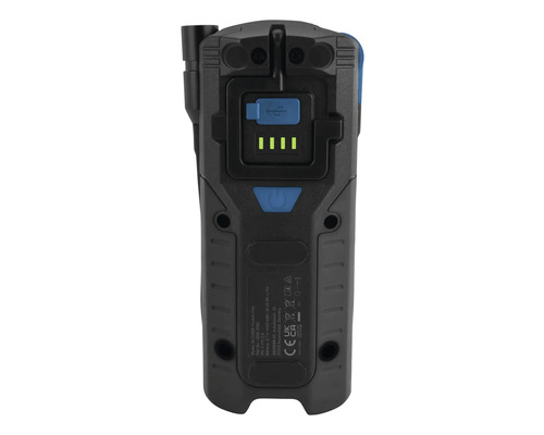 Arrière d''une lampe de poche noire et bleue avec port de charge et indicateur de batterie
