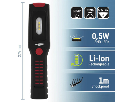 Lampe de travail Ansmann avec une intensité lumineuse de 325 lumens, une autonomie allant jusqu''à 9 heures, 555 lux et des LED SMD de 0,5 watt. Résistant aux chocs jusqu''à 1 mètre.