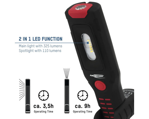 Lampe de travail LED Ansmann avec deux fonctions d''éclairage et une durée de fonctionnement d''environ 3,5 heures ou environ 9 heures.