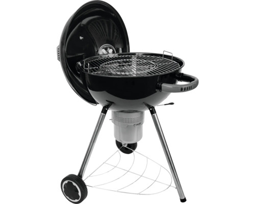 Kugelgrill mit offenem Deckel, Grillrost und Fahrgestell