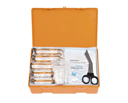 Erste-Hilfe-Koffer mit Verbandsmaterial und Schere