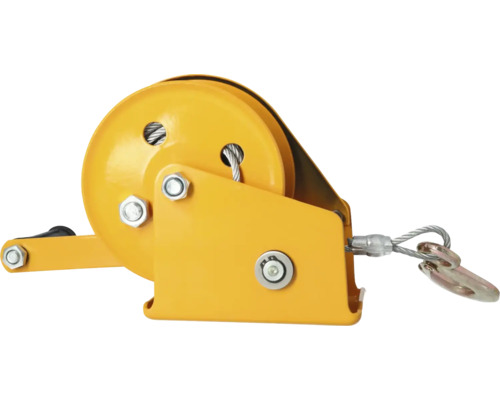 Gelbe Handseilwinde mit Stahlseil und Haken