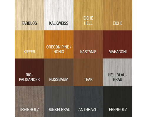 Farbmuster mit verschiedenen Holzfarbtönen wie farblos, kalkweiss, Eiche hell, Eiche, Kiefer, Oregon Pine oder Honig, Kastanie, Mahagoni, Rio-Palisander, Nussbaum, Teak, Hellblaugrau, Treibholz, Dunkelgrau, Anthrazit und Ebenholz.