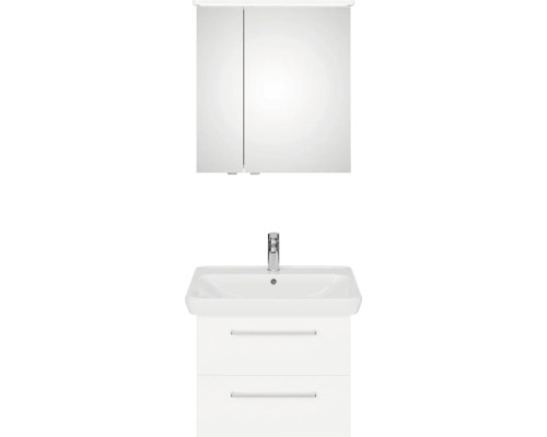 Meuble-lavabo blanc avec deux tiroirs, lavabo et armoire de toilette