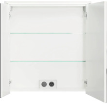 Geöffneter Spiegelschrank mit zwei Glasböden und Steckdose