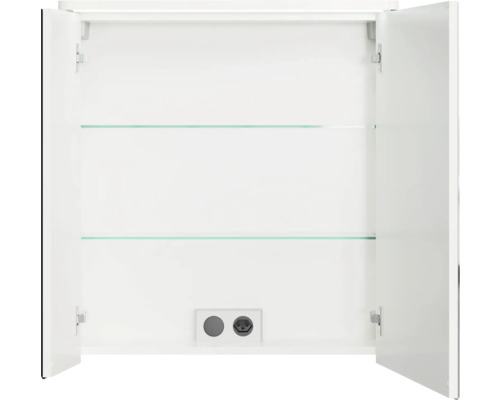 Armoire de toilette ouverte avec deux étagères en verre et prise