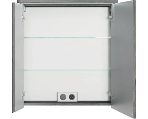 Armoire de toilette ouverte avec deux étagères en verre et prise intégrée