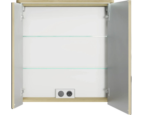 Armoire de toilette ouverte avec deux étagères en verre et prise de courant