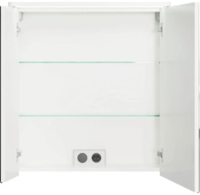 Armoire de toilette blanche ouverte avec deux étagères en verre et prise électrique