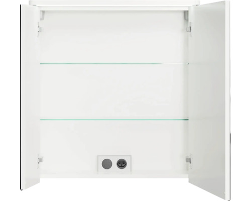 Armoire de toilette blanche ouverte avec deux étagères en verre et prise électrique
