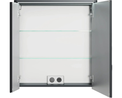 Offener Spiegelschrank mit Glasböden und Steckdose