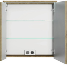 Armoire de toilette ouverte avec deux étagères en verre et prise de courant