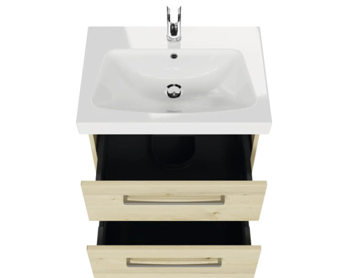 Meuble sous-vasque avec deux tiroirs ouverts et lavabo en céramique