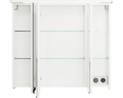 Armoire de toilette blanche avec étagères en verre et prise électrique