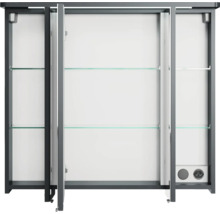 Armoire de toilette ouverte avec trois portes et étagères en verre pour salle de bain