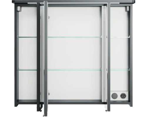 Armoire de toilette ouverte avec trois portes et étagères en verre pour salle de bain