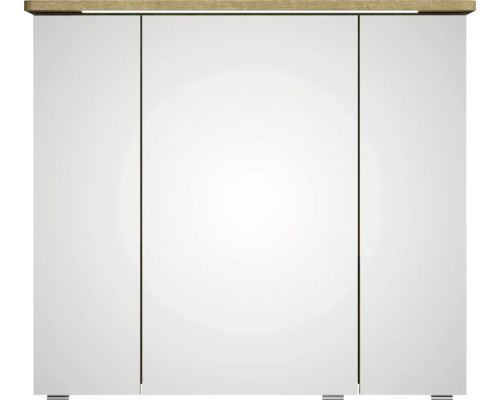 Weisser Bad Spiegelschrank mit drei Türen und Holzplatte