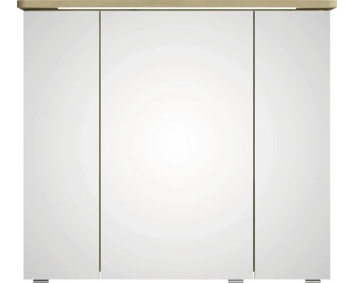 Armoire de toilette blanche à trois portes et dessus en bois