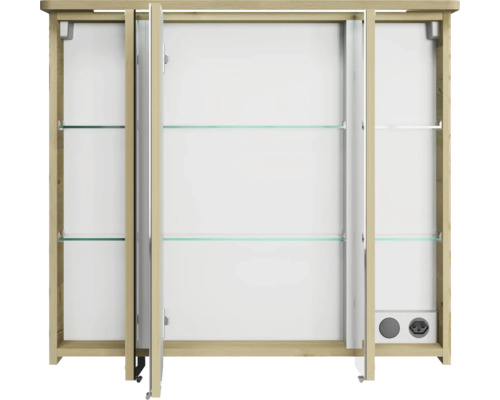 Armoire de toilette ouverte avec trois portes et étagères en verre
