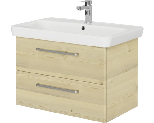 Meuble sous-lavabo avec deux tiroirs, vasque à poser et robinet