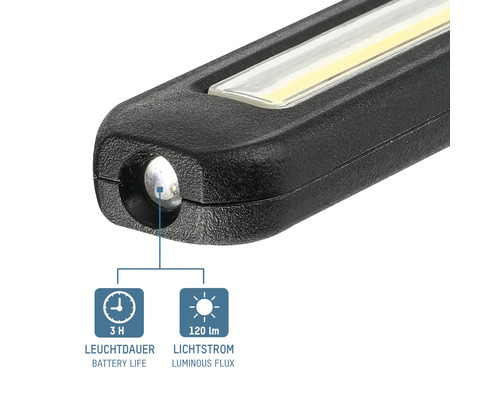 Gros plan d''une lampe de travail noire avec des informations sur l''autonomie et le flux lumineux.