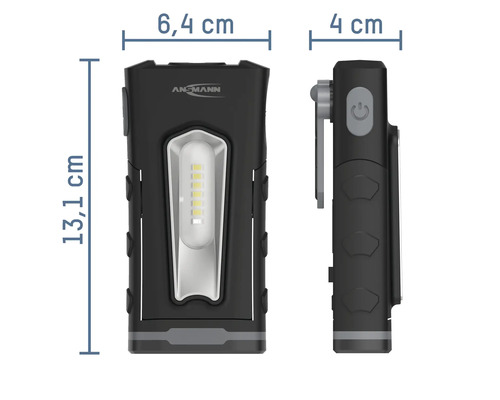 Image d''une lampe d''atelier noire Ansmann mesurant 13,1 cm de haut, 6,4 cm de large et 4 cm de profondeur.
