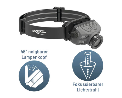 Lampe frontale Ansmann avec tête de lampe inclinable à 45 degrés et faisceau lumineux focalisable