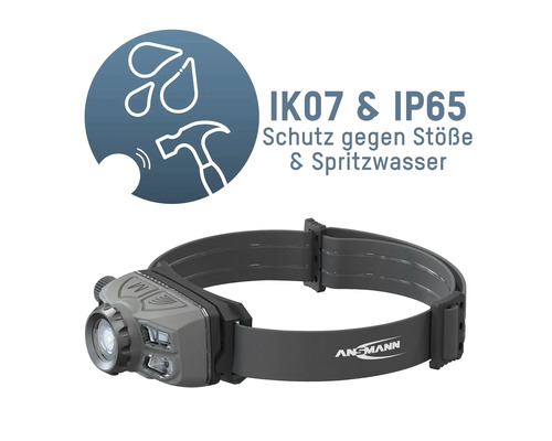 Lampe frontale Ansmann avec symboles de protection IK07 et IP65