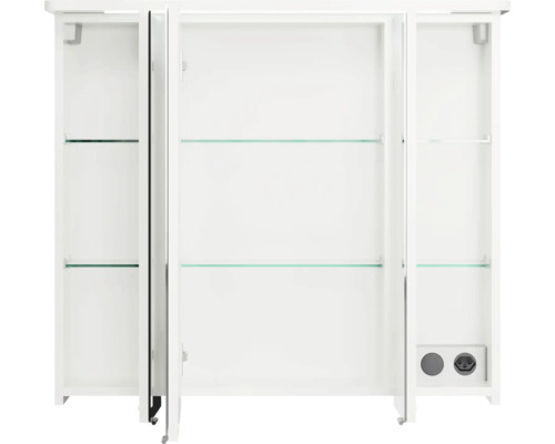 Armoire de toilette blanche avec étagères en verre et prises de courant