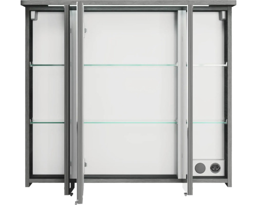 Offener Spiegelschrank mit Glasablagen und Steckdose