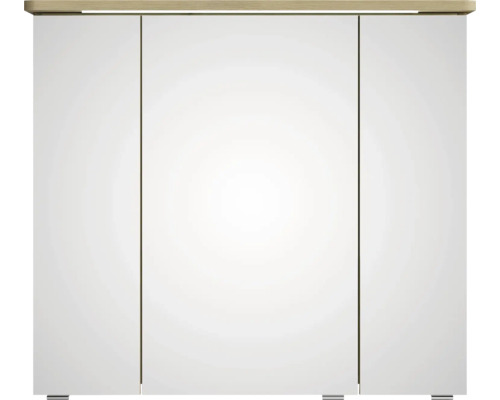 Weißer Badezimmerschrank mit drei Türen und Holzplatte