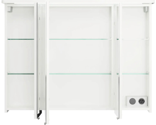 Offener, weisser Spiegelschrank mit Glasablagen und Steckdose