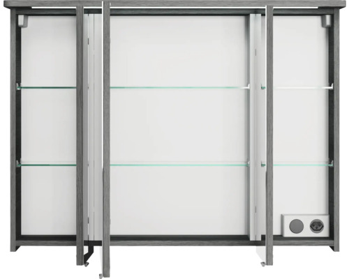 Armoire de toilette ouverte avec étagères en verre et prise de courant