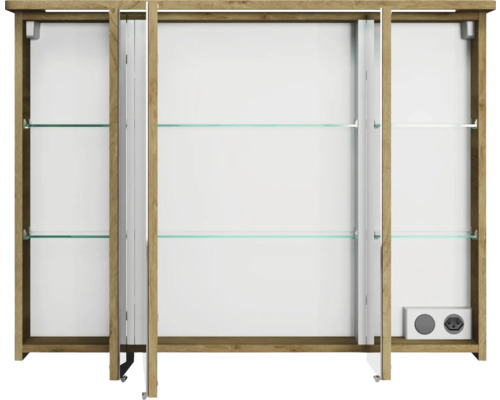 Armoire de toilette ouverte avec étagères en verre et prise électrique