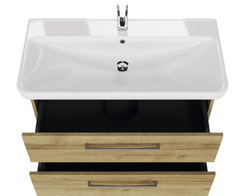 Meuble-lavabo avec deux tiroirs ouverts et lavabo à poser