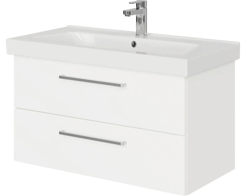 Waschtischunterschrank mit zwei Schubladen und Aufsatzwaschbecken sowie Armatur