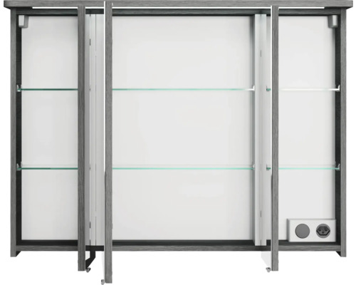 Armoire de toilette avec portes ouvertes, étagères en verre et prise électrique