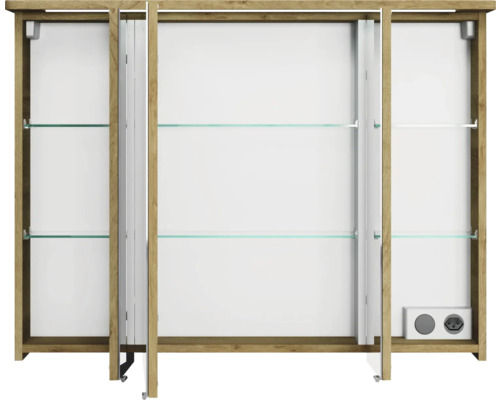 Armoire de toilette ouverte avec étagères en verre et prise électrique