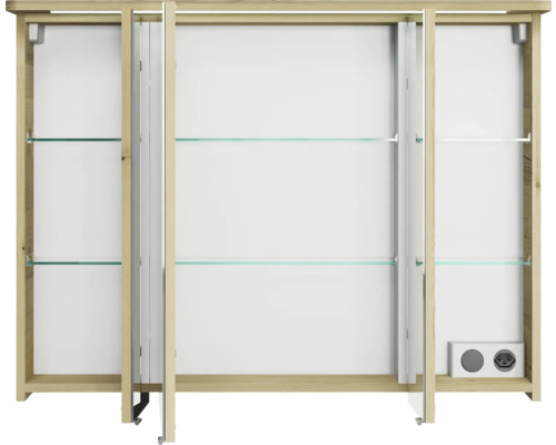 Armoire de toilette avec trois portes, prise électrique et étagères en verre