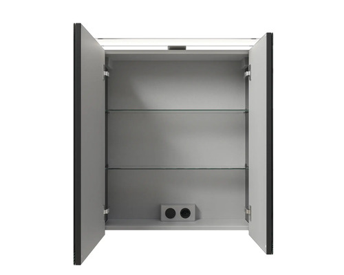 Armoire de toilette ouverte avec deux étagères en verre et prises de courant