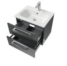 Meuble sous-lavabo avec deux tiroirs ouverts et lavabo