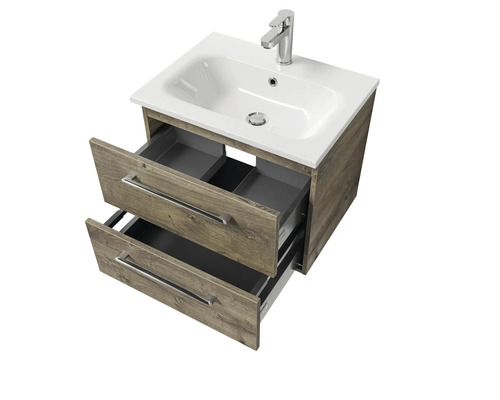 Waschtisch mit zwei offenen Schubladen und Aufsatzwaschbecken