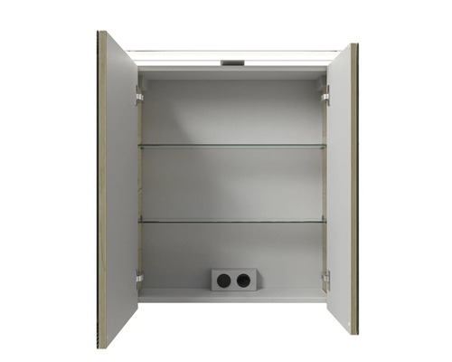 Armoire de toilette ouverte avec deux étagères en verre et prise électrique