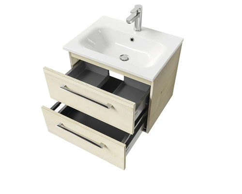 Meuble sous-lavabo avec deux tiroirs ouverts et lavabo
