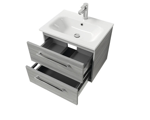 Meuble-lavabo avec lavabo et deux tiroirs ouverts