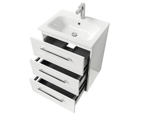 Waschtischunterschrank mit Waschbecken und drei Schubladen