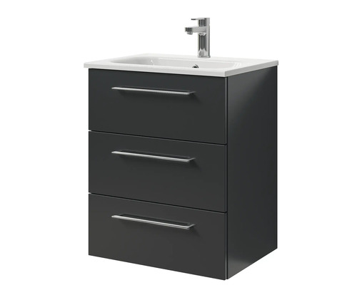 Meuble sous-lavabo avec trois tiroirs, vasque à poser et robinet