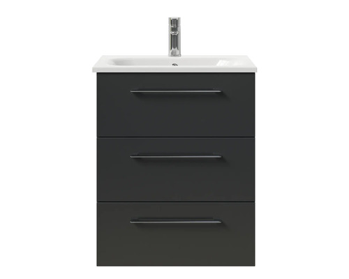 Meuble sous-lavabo avec trois tiroirs, lavabo et robinet