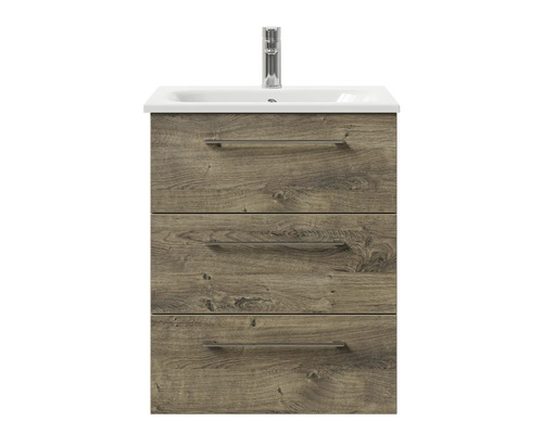 Meuble sous-lavabo avec trois tiroirs, lavabo et robinetterie