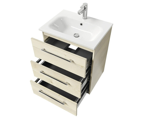 Meuble sous-vasque avec trois tiroirs, vasque en céramique et robinet